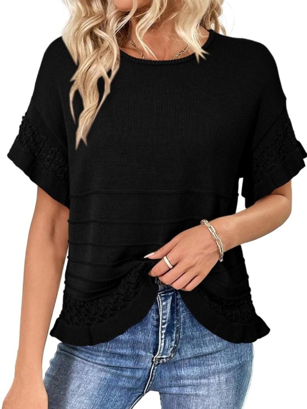 Oversized Short Sleeve Knit Sweater Top with Ruffled Hem - Cute Summer Casual